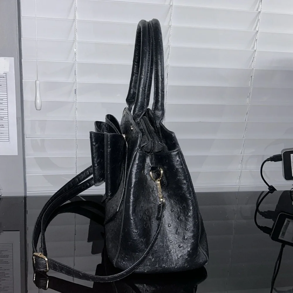 Crossi Black Faux Ostrich Double Bow Satchel Handbag – Vegan Leather